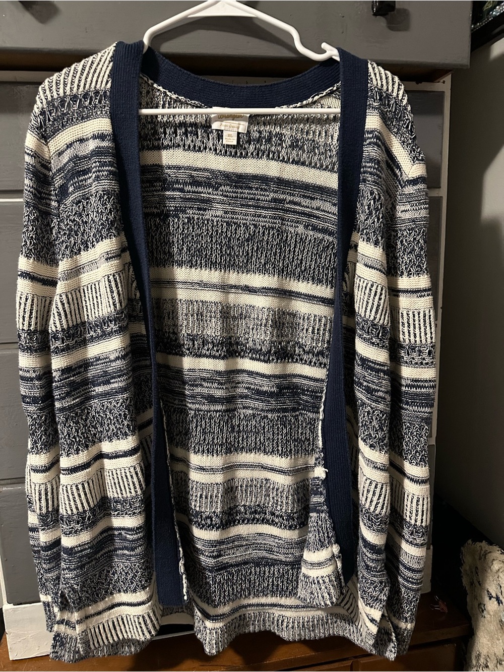 Wrangler Navy and Cream Striped Open-Front Cardigan